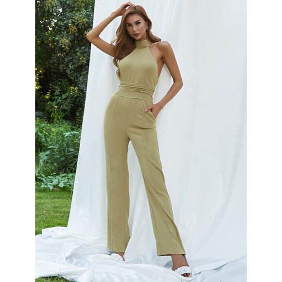 LAVISH ALICE Halter Flare Leg Jumpsuit in Sage Green Size US 2 - Picture 11 of 12